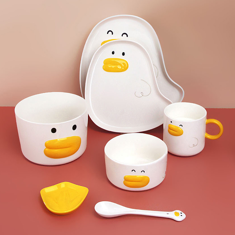 [오리 그릇세트] 접시 볼 머그 티스푼 귀여운 도자기 접시 어린이용 애기용