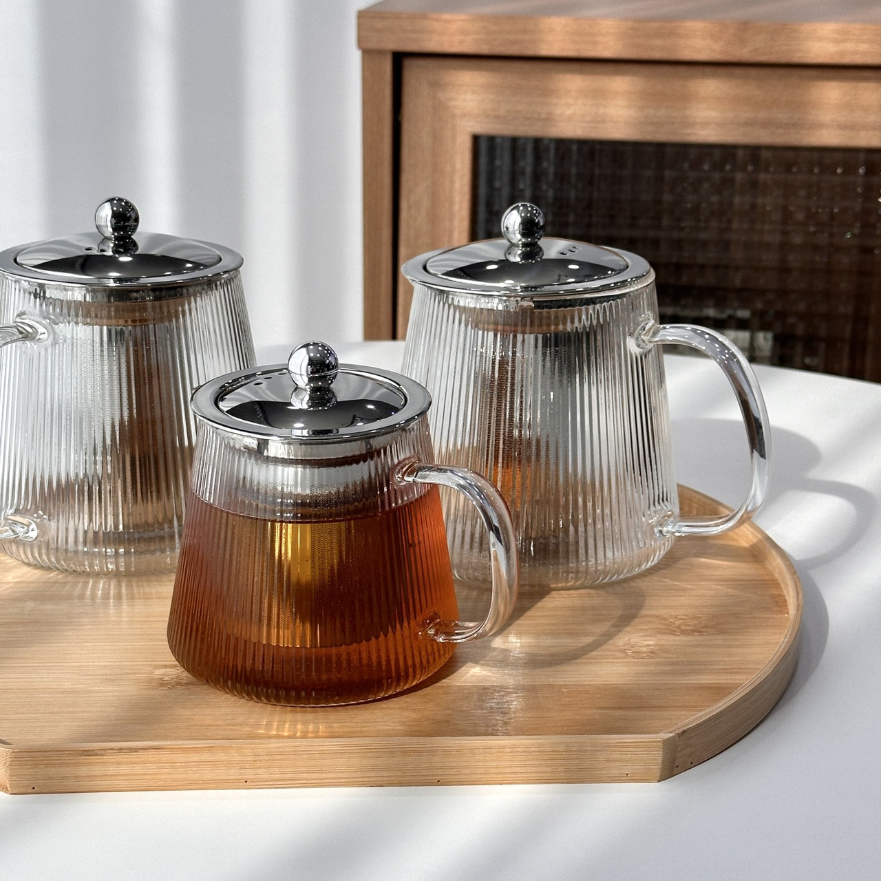 [티망 유리 티포트] 500,800,1000ml 플리츠 티팟 주전자 스테인리스 차 거름망